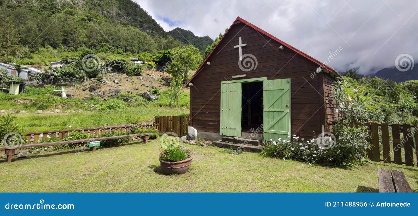 a small wooden church in the countryside of reunion island in the middle of mafate cirque, ile ÃÂ  malheur  village, france
